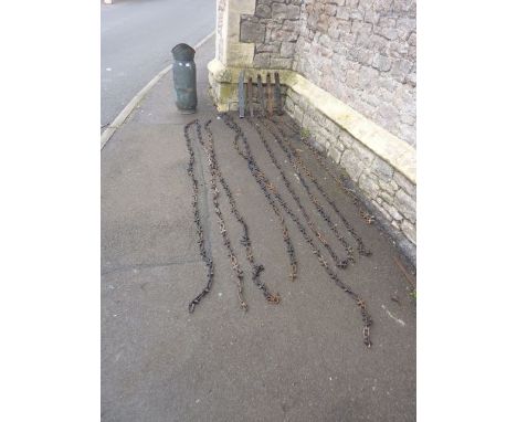 Diamond and chain link railing, nine chains varying in length between approx 1.9 an 2.8 metres