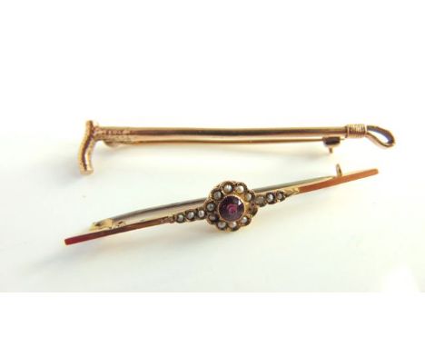 A Victorian style bar brooch, centred with a pink stone within a seed pearl border, in 9ct gold; and a 9ct gold brooch, in th