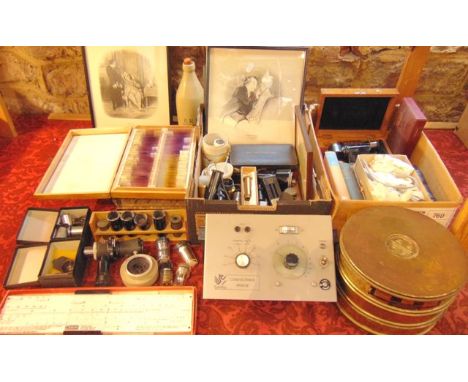 Vintage medical effects to include a quantity of microscope lenses and related cases, a quantity of microscope slides to incl