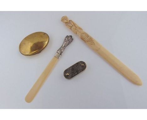 An ivory and silver mounted letter knife, 19th century brass pocket snuff box, etc