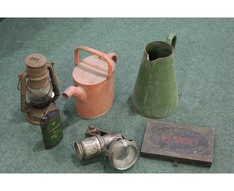 Mixed objects, to include two enamel cans, a lamp, BWC Washers advertising tin, Prices Cycle Lubricating oil can and a bike l