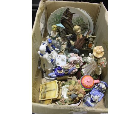 Capodimonte style figure depicting a tramp on a bench, porcelain figures, owl wall plates etc. (qty)