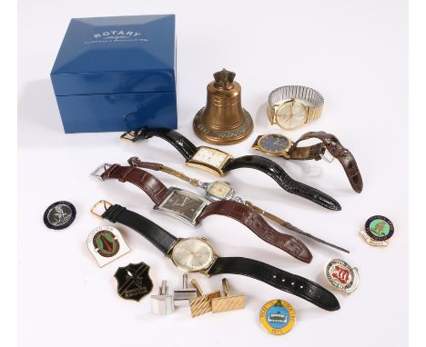 Wristwatches, to include Rotary, Mudu, Accurst, etc, together with enamel badges and a bell, (qty)