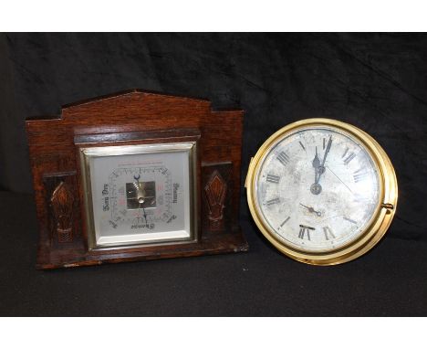 Brass cased ships clock, the silvered dial with Roman numerals, 17cm diameter, oak cased wall barometer, 27cm wide (2)