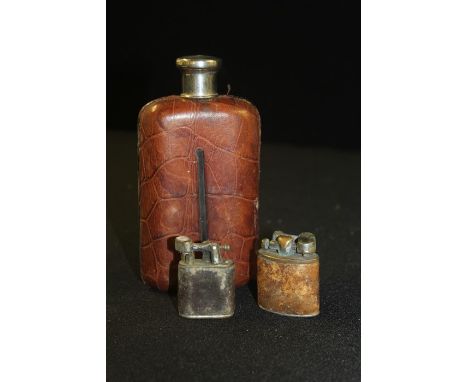 Crocodile skin mounted hip flask, two cigarette lighters (3)