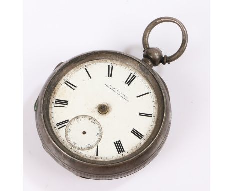 Silver open face pocket watch, with a white enamel dial