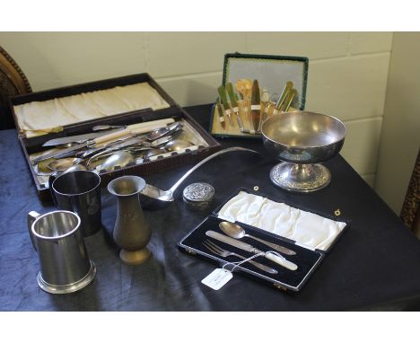 Silver spoon and fork, together with silver plated wares, to include a flatware, ladle, mug, bowl, etc, (qty)