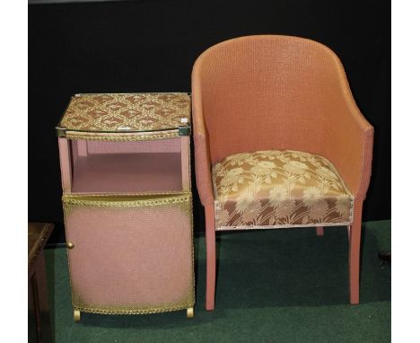 Lloyd Loom style bedroom chair and bedside cabinet, painted pink and gold (2)