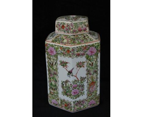 Ceramic lamp base formed from a pot and cover, with famille verte style floral and bird decoration, 34.5cm high
