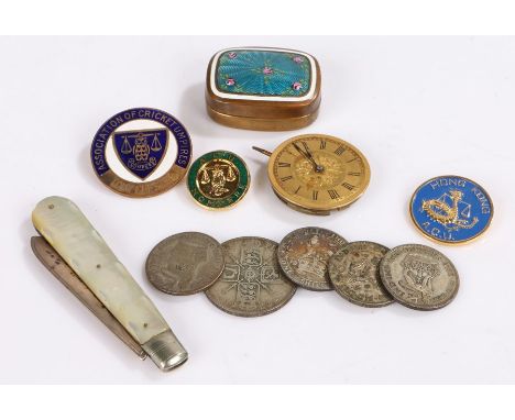 Mixed objects, to include a silver bladed fruit knife, coins, watch movement, enamel badges, box