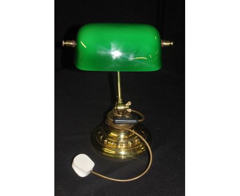 Brass desk lamp, with adjustable stem and green glass shade