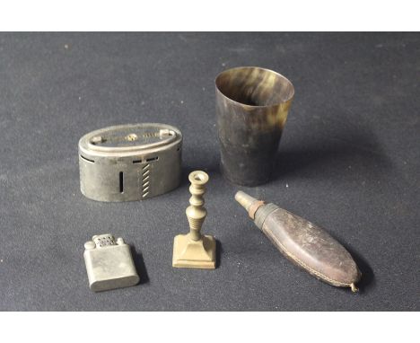 Works of art, to include a horn cup, a shot flask, Barclays Bank Limited home safe, an Orlik lighter and a taper stick, (5)