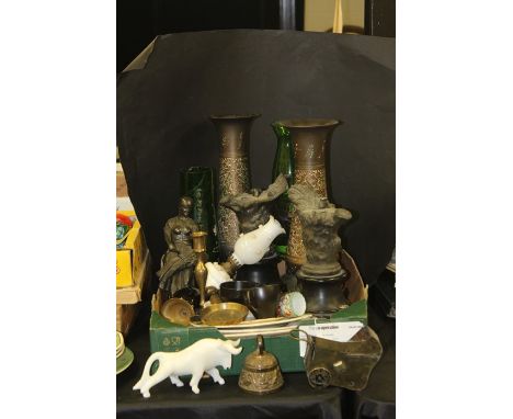 Works of art, to include an oil lamp, pair metal vases, spelter figures AF, candlesticks, ceramics and pottery, etc, (qty)