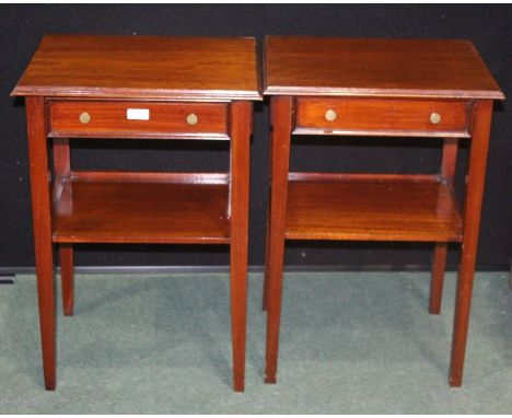 Pair of mahogany bedside table, with frieze drawers, on square tapering legs united by a central shelf, 42cm wide