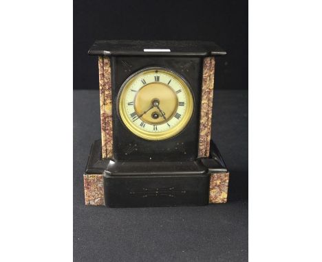 French slate and marble mantel clock, the dial with Roman numerals, 22cm wide by 23cm high