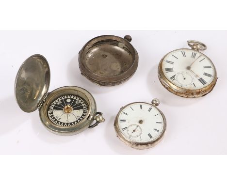 Two silver open face pocket watches, silver pocket watch case, white metal cased compass with military broad arrow (4)