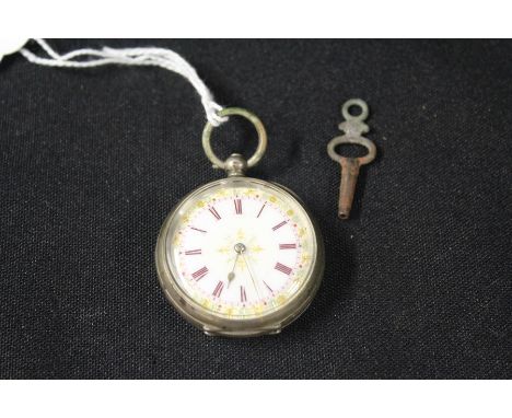 Ladies Continental silver open face pocket watch, the white enamel dial with burgundy Roman numerals, key wound