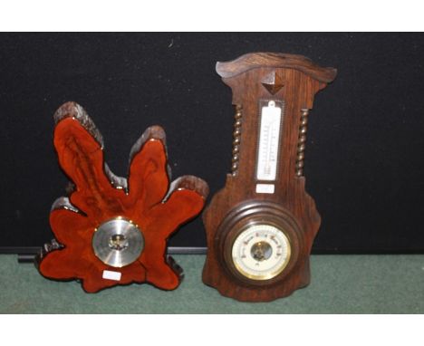 Oak cased barometer/thermometer, barometer housed in a varnished piece of timber (2)