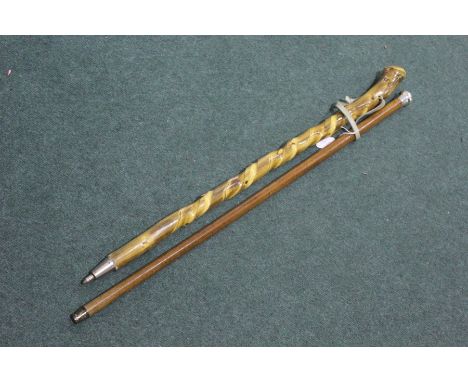 Silver mounted Malacca walking stick, varnished walking stick (2) 