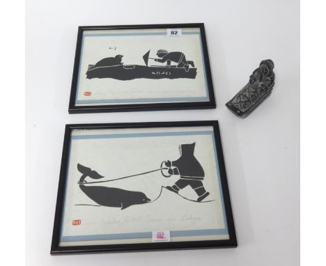 A Canadian Inuit type carving of an Eskimo together with a pair of Eskimo prints, Henry Rapastuk (3).