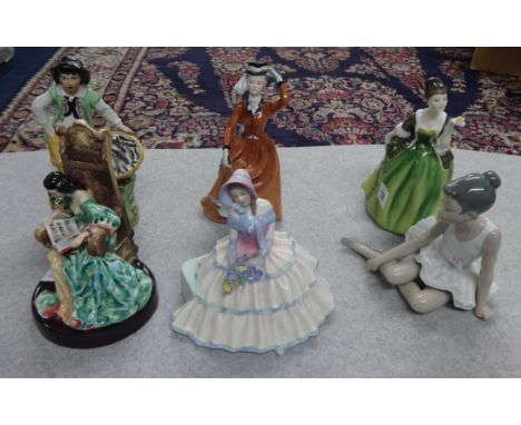 A collection of six figurines including Doulton HN1731, 'Daydreams', Nao Ballerina, Doulton 'The Leisure Hour' HN2055, Doulto