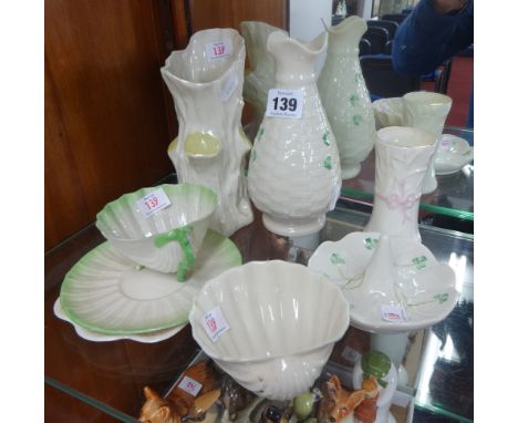 Three modern Belleek vases, shell cup, ring stand, also early Co Fermanagh mark cup, saucer and another saucer (8)