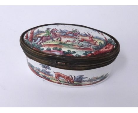 A 19th century Bilston style enamel porcelain box decorated with stag hunting scene.