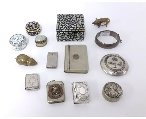 A collection including vesta, novelty animal vestas, stamp box, cigarette case, Danish cigarette case, small boxes etc