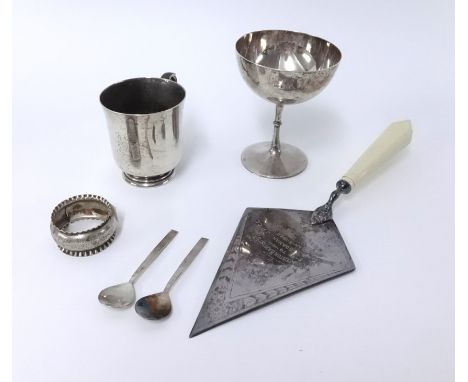 A silver christening cup marked Carrington London (inscription dated 1903), a silver goblet and a silver napkin ring (3)  app