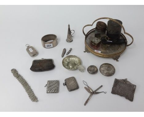 A collection of small silver items including vesta, compact, wide bangle, sovereign and stamp box, contents of shallow dish (