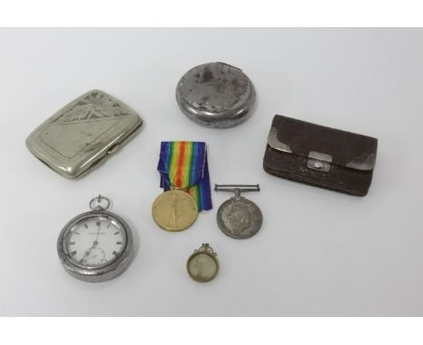 Pair Great War medals awarded to Pte T.J.Jones (Welsh Regiment) together with his pocket watch, cigarette case, silver mounte