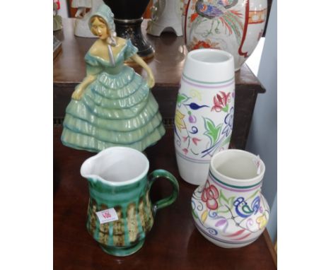 Poole Pottery, two vases, Art Deco crinoline lady figure and pottery jug (4).