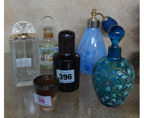 Treen, wood cased scent bottle, a blue glass and enamel scent bottle, Caithness atomiser, scent bottle marked Lalique and a D