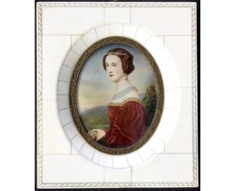 MINIATUR "CORNELIA VETTERLEIN"aus der Schönheiten Galerie König Ludwigs I von Bayern. Auf fossilem Elfenbein gemalt. Mit Rahm