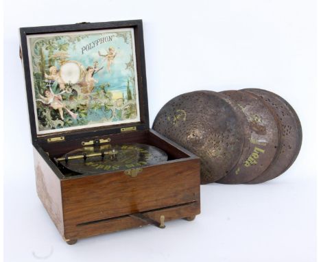 POLYPHONLeipzig um 1900 Holzkasten mit mechanischem Spielwerk. Firmenmarke. Mit 12 Blechplatten, D.ca, 21cm. Intakt. 15,5x26x