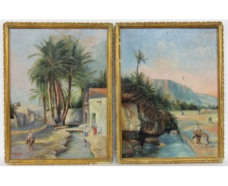 DEGOIRA, M.Frankreich um 1912 Oasenstadt - Wasserstelle mit Oase. Pendants, Öl/Lwd, signiert und dat.: 1912. Je ca. 61x46cm, 