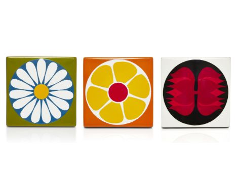Bengt Berglund (Swedish 1936-) for Gustavsberg,  three 1960's enamelled wall plaquesLate 1960s, two with paper labels 'Gustav