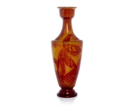 Emile Gallé (French 1846-1904), a cased, wheel carved and fire-polished glass vase  c.1900, elaborate signature underside of 