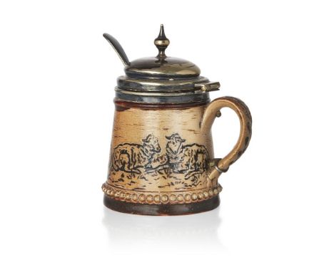 Hannah Barlow (British 1851-1916), a Doulton Lambeth stoneware mustard pot with silver plated mounts and spoon 1877, impresse