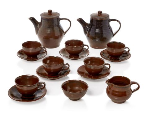 Harry Davis (British 1910-1986), a Crowan Pottery Coffee Set c.1955, impressed pottery seal to each item A tenmoku glazed sto