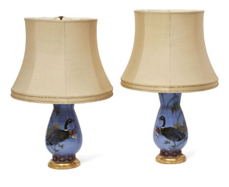 A pair of Japanese ceramic table lamps  20th Century, obscured Japanese marks on underside beneath the base mounts Inverted b