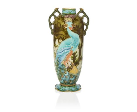 Mintons (British), an Art Nouveau secessionist-style twin-handled earthenware vase decorated with a peacock 1901-1908, printe