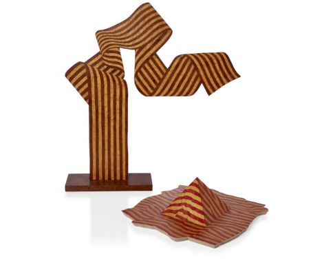 Jean Claude Deveaux (French), a tall marquetry ribbon form Contemporary, rubber stamped mark to back A large marquetry sculpt