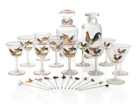 An Art Deco enamelled glass cocktail setc.1935Comprising: cocktail decanter with cover, and six glasses with flared bowls, pl