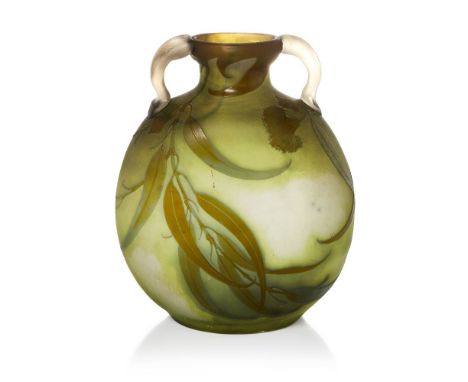 Gallé (French), a twin handled cameo glass vase  c.1910, signed in cameo Gallé The vessel of flattened flask form with a bulb