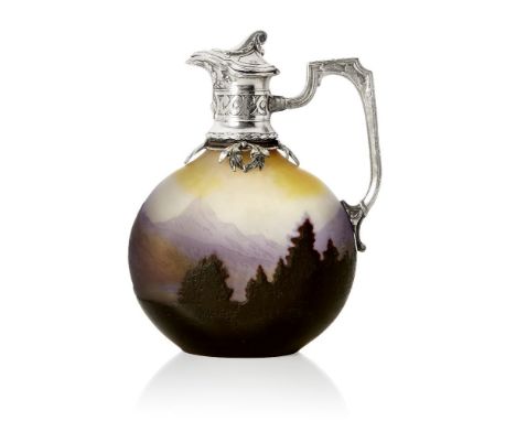 Gallé (French), a cameo glass ewer with associated metal mountsc.1910, signed in intaglio GalléThe glass of flattened disc fo