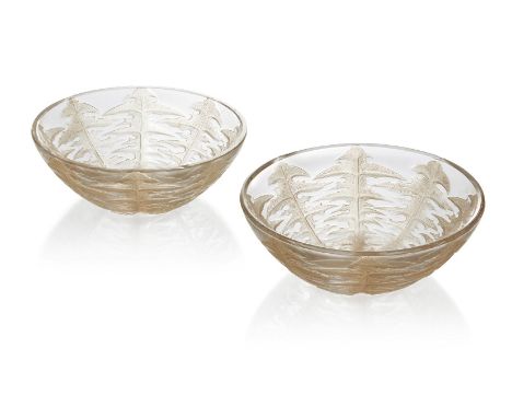 René Lalique (French 1860-1945), a pair of sepia stained ‘Pissenlit’ finger bowlsDesigned 1924, Moulded R Lalique, engraved N