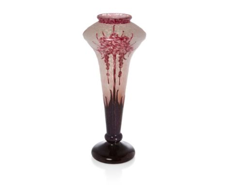 Charder Le Verre Francais (French), a tall 'Rhododendron' pattern vase c.1930, signed on the foot 'Charder Le Verre Francais'