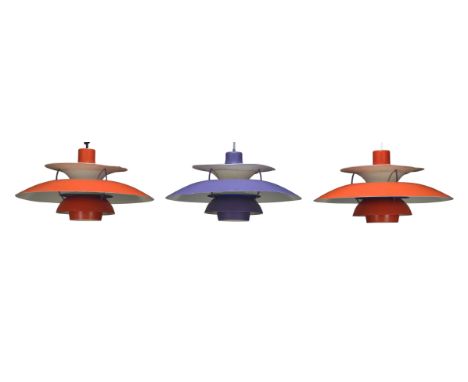 Poul Henningsen (Danish 1894-1967), a set of three 'PH5' ceiling lights for Louis Poulson    c.1960  Two lights in red enamel