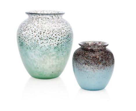 Monart (British), an oviform glass vase with everted neck 20th Century, shape HFMottled pale green glass decorated with mica 